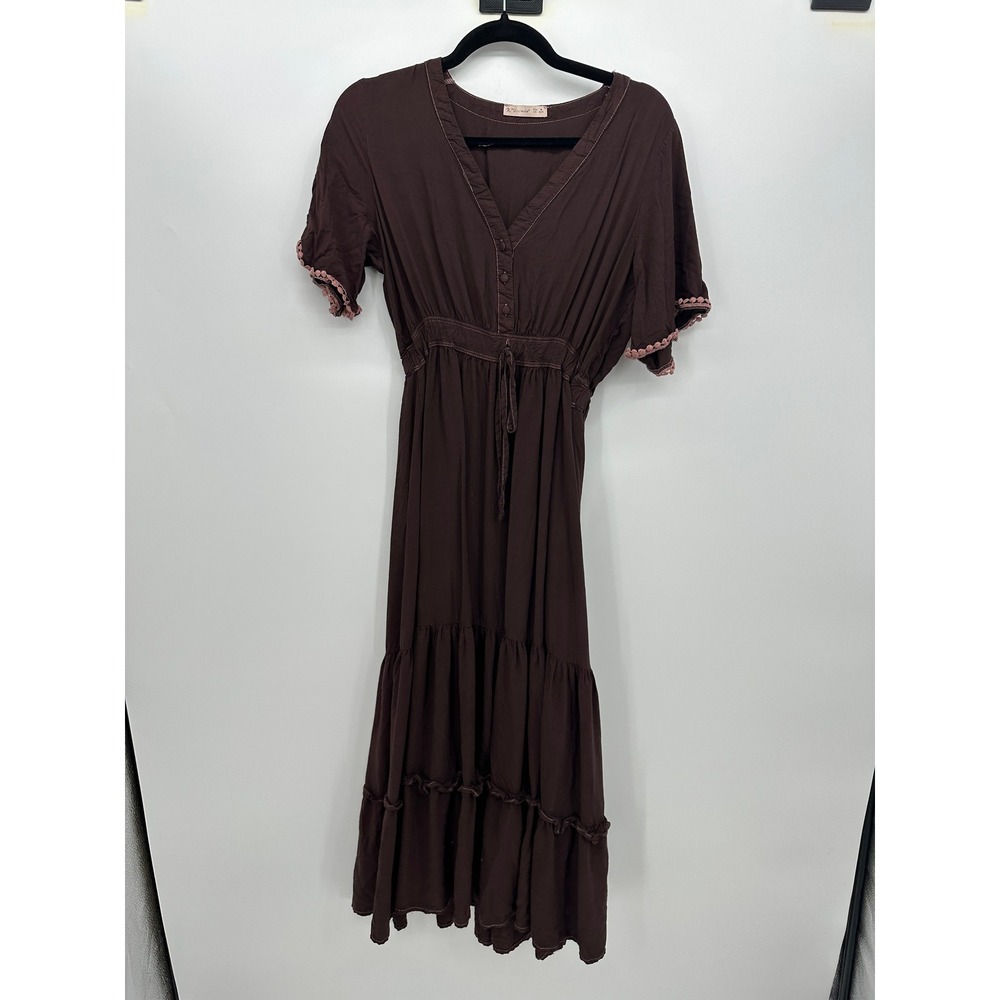 R.Vivimos‎ Brown Boho Midi Dress Womens Medium Cottagecore Prairie Peasant